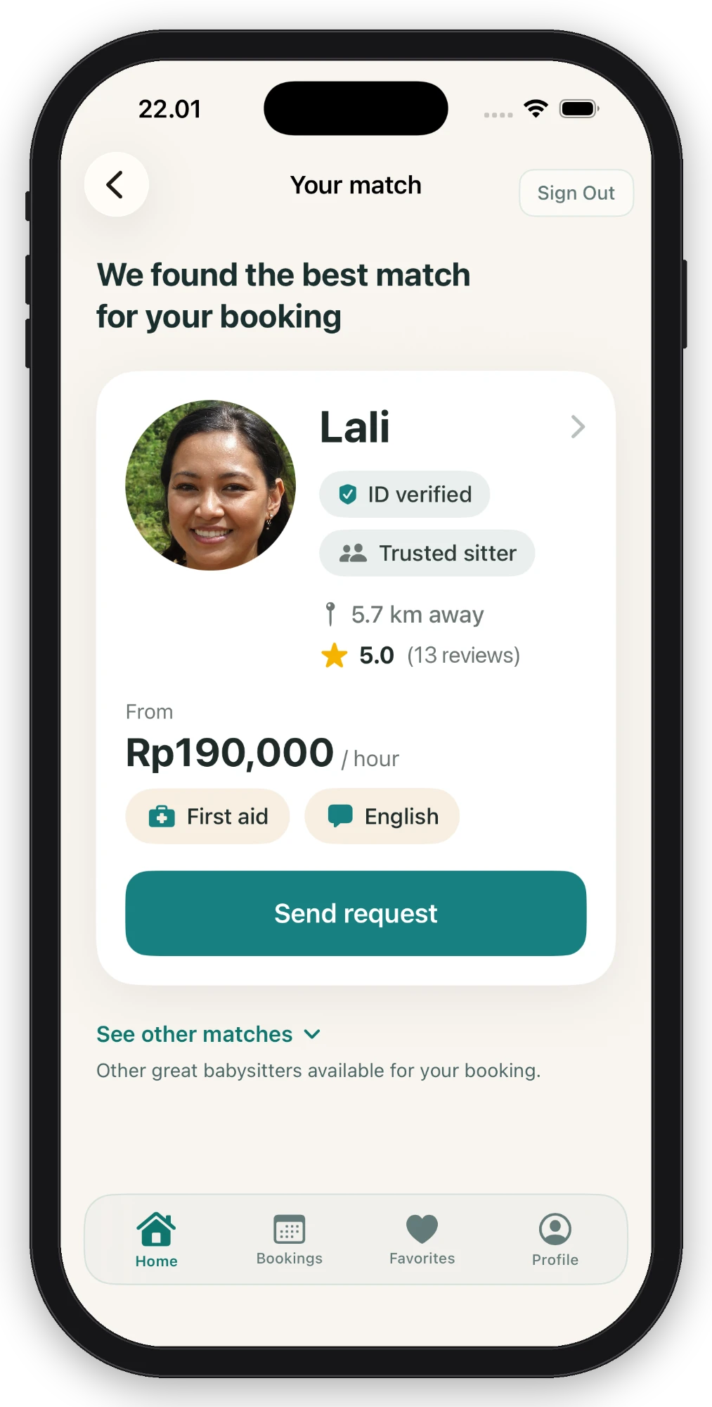 BaliSitter app showing a matched, verified babysitter ready to book